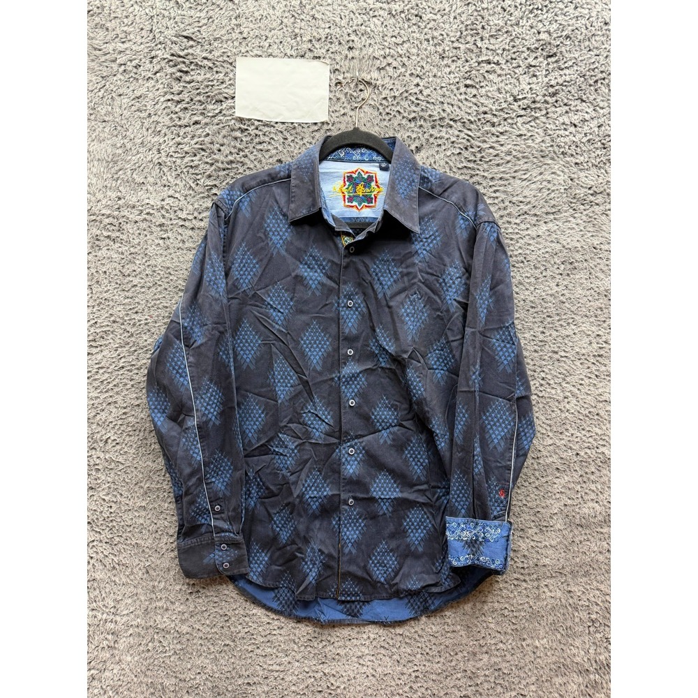 Robert Graham Diamond Pattern Long-Sleeve Button-Down Shirt Navy Blue Size L